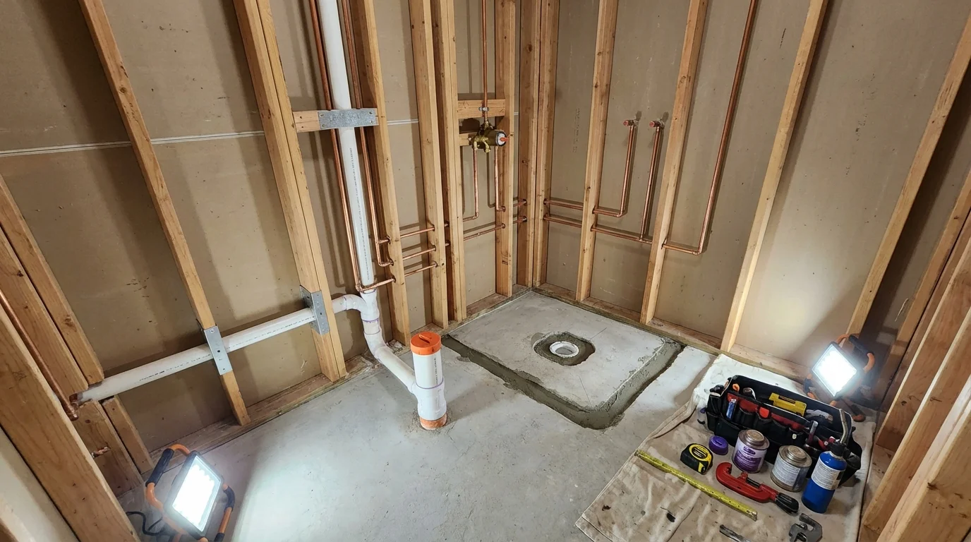 Bathroom rough-in plumbing during remodel by Johns Plumbing LLC in Remsen