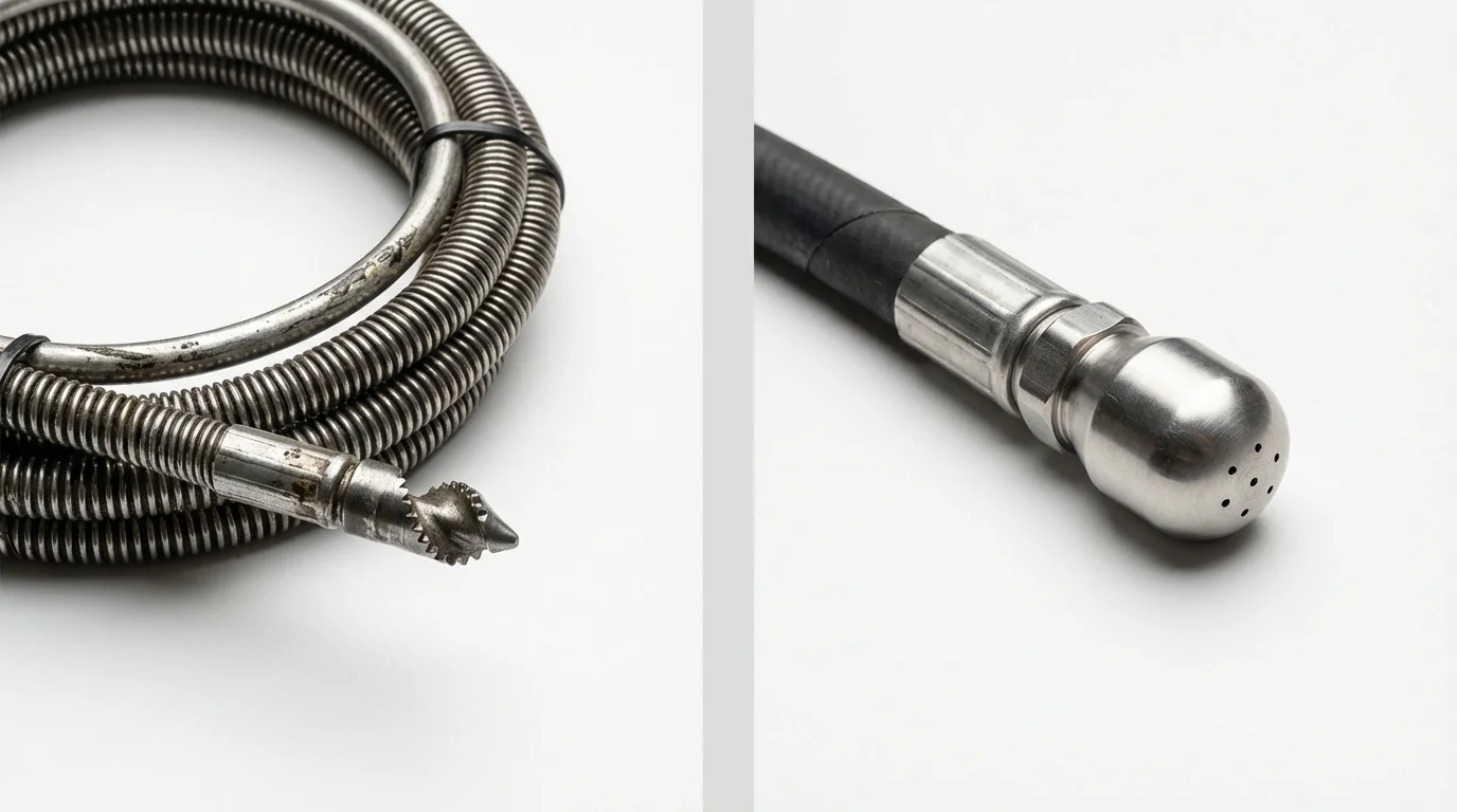 Drain snake cable and hydro jetting nozzle used for drain cleaning in Remsen, IA