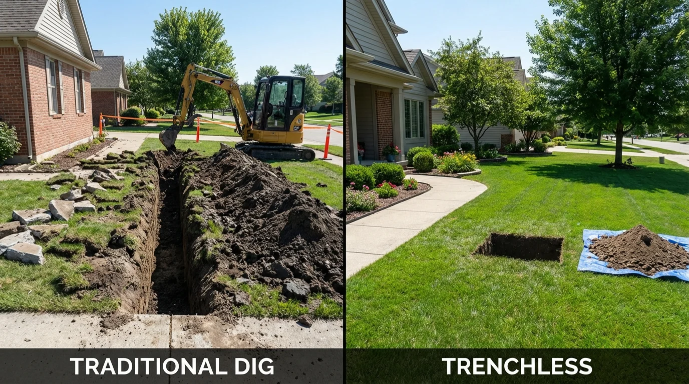 Trenchless sewer repair with minimal yard damage versus traditional excavation in Remsen, IA