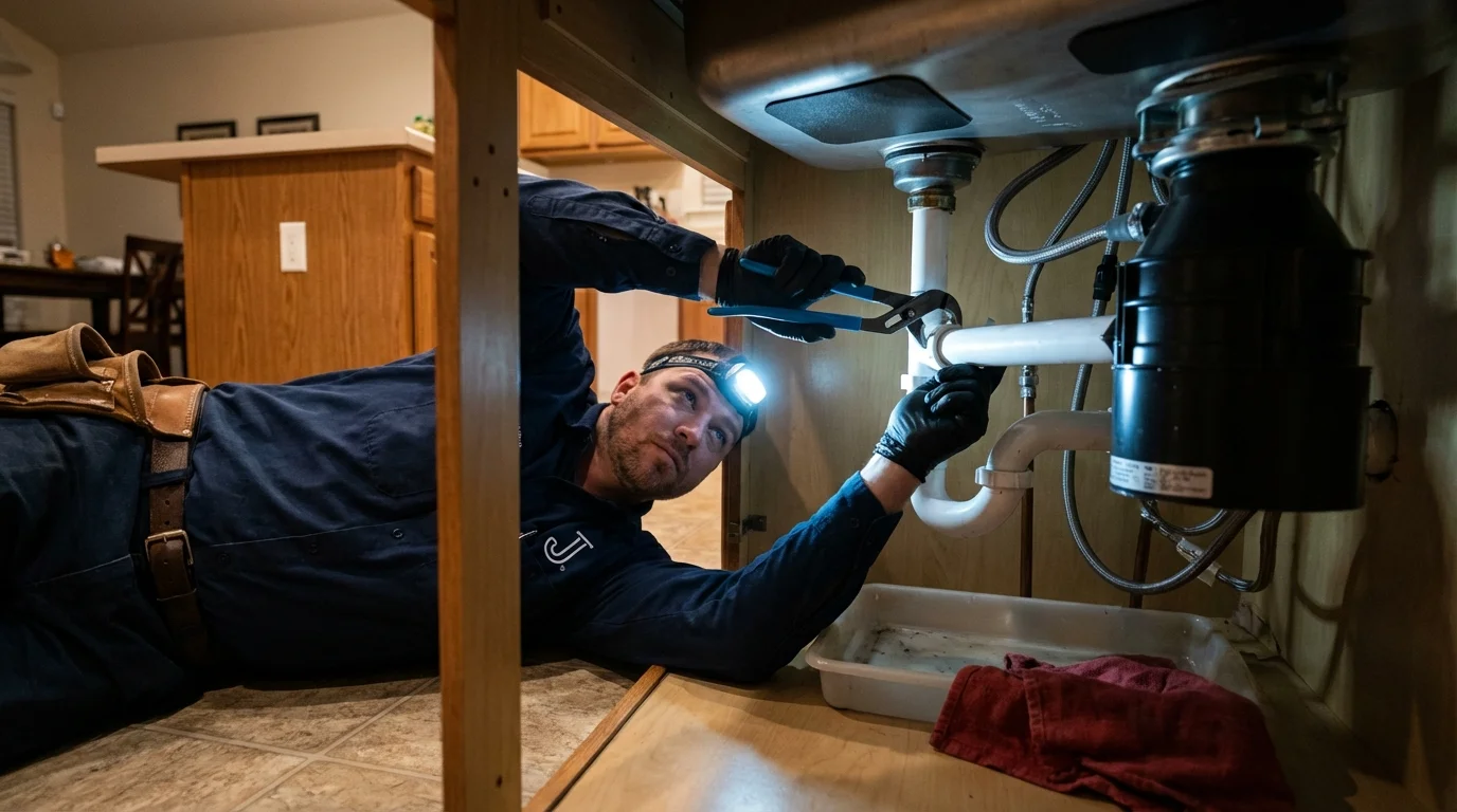 P-trap and supply line connections under a kitchen sink showing a common leak point in Remsen, IA